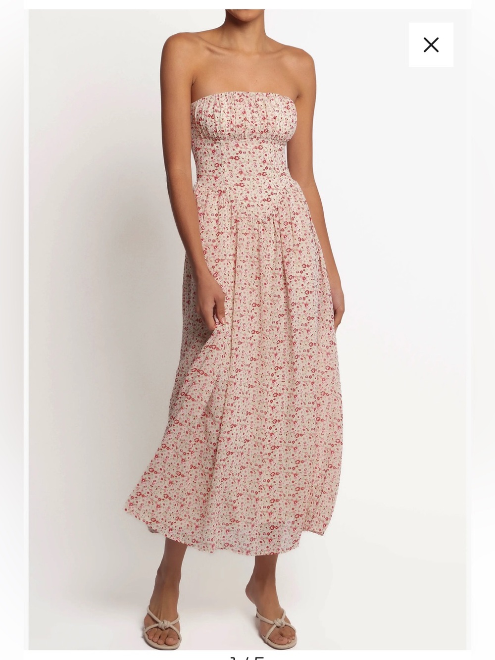 Petal & Pup Strapless Floral Midi Dress in Cream and Red wedding guest